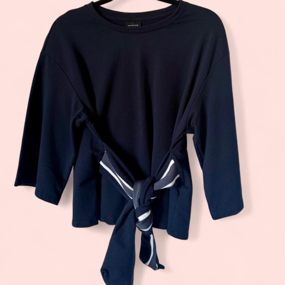 Who What Wear Navy Blue Blouse with Tie Accent